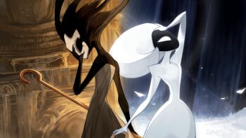 Rule 34 | 1girl, 1other, arthropod girl, black dress, black hair, black skin, blank eyes, bodysuit, bug, butterfly, colored skin, cracked mask, darkdog, dress, grey dress, hand on mask, hand on own head, hashtag-only commentary, hat, highres, holding, holding mask, holding weapon, hollow knight, hollow knight: silksong, insect, instrument, lace (hollow knight), looking down, looking up, mask, music, organ (instrument), phantom (hollow knight), piano bench, pin (hollow knight), pipe organ, puffy sleeves, wavy hair, weapon, white bodysuit, white eyes, white hat, white mask