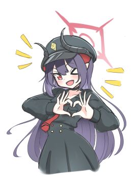 >_< 1girl black_shirt black_skirt blue_archive chiaki_(blue_archive) commentary_request demon_girl demon_horns four-finger_heart_hands hair_between_eyes halo heart heart_hands highres horns kagerayakitori long_hair necktie one_eye_closed pointy_ears purple_hair red_eyes red_halo red_necktie shirt simple_background skirt smile solo white_background