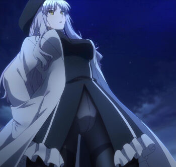 1girl black_hat black_pantyhose breasts caren_hortensia closed_mouth coat fate/kaleid_liner_prisma_illya fate_(series) female_focus hands_in_pockets hat highres lab_coat large_breasts leotard long_hair long_sleeves no_pants pantyhose sexually_suggestive solo solo_focus white_coat white_hair white_leotard yellow_eyes