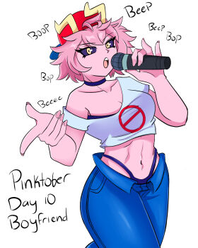 1girl absurdres acidart artist_name ashido_mina black_sclera boku_no_hero_academia boyfriend_(friday_night_funkin&#039;) boyfriend_(friday_night_funkin&#039;)_(cosplay) colored_sclera colored_skin cosplay denim female_focus friday_night_funkin&#039; highres horns microphone pink_hair pink_skin solo yellow_eyes yellow_horns