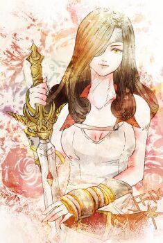 1girl beatrix_(ff9) belt breasts brown_hair cleavage collarbone copyright_name curly_hair eyepatch final_fantasy final_fantasy_ix holding holding_sword holding_weapon long_hair looking_at_viewer medium_breasts red_belt ruka_(blueplus84) solo sword weapon yellow_eyes