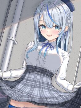 1girl ades_clus amagai_ruka beret blue_eyes blue_hat blue_panties blue_ribbon blue_streaks blush braid breasts center_frills clothes_lift collared_shirt commentary_request corrupted_twitter_file double-parted_bangs frilled_shirt frills gloves grey_hair grey_skirt hat high-waist_skirt highres large_breasts lead_pipe lifting_own_clothes long_hair long_sleeves looking_at_viewer multicolored_hair neck_ribbon open_mouth outdoors panties picot_trim_panties plaid_clothes plaid_skirt raised_inner_eyebrows ribbon shirt shirt_tucked_in side_braid skirt skirt_lift smile solo straight_hair streaked_hair underwear upper_body virtual_youtuber weather_planet white_gloves white_shirt