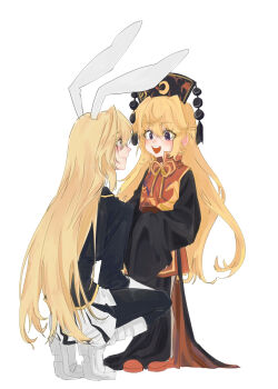 Rule 34 | 2girls, age regression, aged down, animal ears, belt, black dress, black hat, black jacket, black pants, blonde hair, blush, boots, brown belt, chinese clothes, closed mouth, crescent, crescent print, dalachi (headdress), dress, from behind, full body, gloves, hair between eyes, hat, highres, jacket, junko (nameless space horror) (touhou), junko (touhou), long dress, long hair, long sleeves, looking at another, mandarin collar, multiple girls, neck ribbon, open mouth, orange ribbon, pants, phoenix print, pom pom (clothes), purple eyes, rabbit ears, rabbit girl, red dress, red eyes, red shoes, red tabard, reisen udongein inaba, reisen udongein inaba (lunatic space youkai), ribbon, shoes, simple background, smile, squatting, standing, tabard, tassel, teeth, touhou, touhou lostword, tt orang, two-sided dress, two-sided fabric, wavy hair, white background, white boots, white gloves, wide sleeves