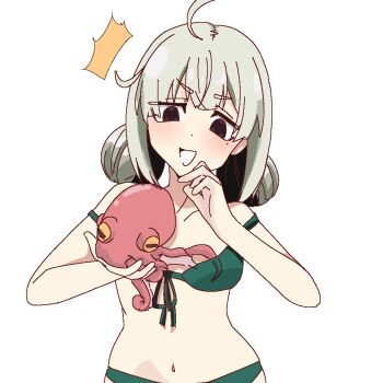 1girl animal araga_kiwi bikini black_eyes blush breasts confused double_bun embarrassed female_focus green_bikini green_hair hair_bun hands_up looking_at_animal looking_down mahou_shoujo_ni_akogarete medium_breasts medium_hair mole mole_under_eye octopus one_(pixiv92832278) open_mouth simple_background solo swimsuit upper_body white_background