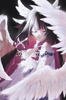1girl angel angel_wings black_hair closed_eyes columbina_(genshin_impact) dark_background dress eye_mask feathered_wings genshin_impact hair_ornament head_wings highres long_hair mask multicolored_hair pink_hair solo streaked_hair sui_ojin two-tone_hair very_long_hair white_dress white_mask white_wings wings x-shaped_eyewear