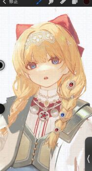 1girl :o art_program_in_frame blue_eyes bow braid coat commentary_request hair_bow highres kiperina long_hair low_twin_braids official_alternate_costume open_mouth procreate_(medium) procreate_(software) red_bow reverse:1999 screencap shirt solo twin_braids upper_body white_background white_coat white_shirt xjsbca