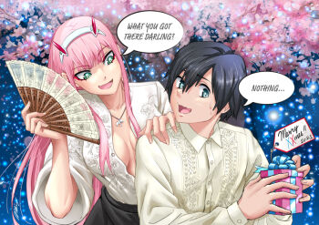 1boy 1girl albyee alternate_costume aqua_eyes black_hair black_skirt blunt_bangs breasts breasts_apart cherry_blossoms cleavage collarbone commentary couple darling_in_the_franxx dated denial english_commentary english_text eyelashes eyeliner fang folding_fan gift hairband hand_fan hand_on_another's_shoulder hand_up hands_up hiro_(darling_in_the_franxx) holding holding_gift horns jewelry large_breasts long_hair long_sleeves looking_at_another looking_to_the_side merry_christmas necklace oni_horns open_mouth outdoors partially_unbuttoned pink_hair red_eyeliner red_horns shirt short_hair sidelocks skin_fang skirt speech_bubble upper_body white_shirt wide_sleeves zero_two_(darling_in_the_franxx)
