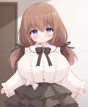 1girl :o absurdres black_bow black_skirt blue_eyes blue_gemstone blurry blurry_background blush bow breasts brown_hair button_gap cleavage commentary_request cowboy_shot frilled_skirt frills gem hair_between_eyes hair_ribbon highres huge_breasts indoors looking_at_viewer low_twintails open_mouth oppai_loli original purple_eyes ribbon shirt skirt solo standing twintails white_bow white_shirt wide_sleeves yuu_(yumezakura)