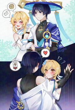 !? 1boy 1girl ? absurdres annoyed arm_cutout arms_at_sides avesaoi bare_shoulders black_bodysuit black_bow black_bridal_gauntlets black_gloves blonde_hair blue_cape blue_flower blue_gemstone blue_hat blue_kimono blue_sleeves blue_trim bodysuit bow breasts bridal_gauntlets cape cleavage closed_eyes closed_mouth clothing_cutout couple covered_collarbone detached_sleeves dress earrings eyelashes eyeliner eyeshadow feather_earrings feathers flower gem genshin_impact gloves gold hair_between_eyes hair_flower hair_intakes hair_ornament halterneck han&#039;eri hat heart hetero highres japanese_clothes jewelry jingasa kabedon kimono layered_kimono layered_sleeves locked_arms looking_at_another looking_to_the_side lumine_(genshin_impact) makeup mandarin_collar multicolored_flower off_shoulder open_clothes open_kimono open_mouth pom_pom_(clothes) red_eyeliner red_eyeshadow scaramouche_(genshin_impact) scarf short_hair short_hair_with_long_locks short_sleeves shoulder_peek sidelocks spoken_battery spoken_heart spoken_letter spoken_money turtleneck turtleneck_bodysuit twitter_username vambraces vision_(genshin_impact) wanderer_(genshin_impact) white_dress white_flower white_kimono white_scarf white_sleeves yellow_eyes yellow_feathers