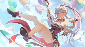 1girl azuria03 balloon black_dress black_gloves black_shoes blue_eyes blue_sky breasts chinese_clothes cleavage commentary dress english_commentary fingerless_gloves gloves highres honkai_(series) honkai_impact_3rd kiana_kaslana kiana_kaslana_(ba-dum!_fiery_wishing_star) large_breasts long_hair open_mouth ponytail rice_cake_(honkai_impact) second-party_source shoes single_bare_leg single_thighhigh sky snake snake_print thighhighs white_thighhighs