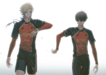 Rule 34 | 2boys, bastard munchen soccer uniform, black hair, black shorts, blonde hair, blue eyes, blue hair, blue lock, commentary, compression shirt, crown tattoo, hand tattoo, height difference, highres, isagi yoichi, looking at another, looking to the side, male focus, michael kaiser, multicolored hair, multiple boys, neck tattoo, pcal pcal, red shirt, shirt, short hair, short hair with long locks, shorts, simple background, soccer uniform, sportswear, standing, sweat, tattoo, two-tone hair, white background