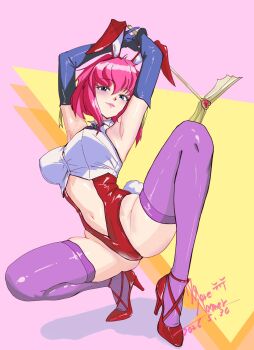 1977_oj3 1girl animal_ears armpits arms_up breasts clothing_cutout commentary elbow_gloves gloves high_heels highres leotard looking_at_viewer misty_may otaku_no_video pink_hair playboy_bunny presenting_own_armpit rabbit_ears rabbit_tail red_leotard short_hair smile solo squatting stomach_cutout tail thighhighs wand