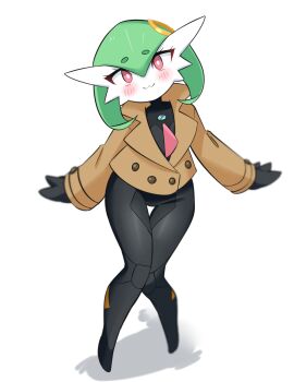 1girl black_bodysuit blush bob_cut bodysuit brown_jacket clothed_pokemon colored_skin cosplay emma_(pokemon) emma_(pokemon)_(cosplay) gardevoir gen_3_pokemon green_hair highres jacket looking_at_viewer m3_(gardevoir_m3) nintendo pink_eyes pokemon pokemon_(creature) pokemon_legends:_z-a simple_background white_background white_skin