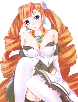 1girl aq_interactive arcana_heart arcana_heart_2 bare_shoulders blue_eyes breasts cleavage collarbone dress drill_hair earrings examu flower frills hair_flower hair_ornament highres jewelry large_breasts lingerie long_hair looking_at_viewer orange_hair panties pendant petra_johanna_lagerkvist rose sitting smile twin_drills two-tone_dress ufo underwear very_long_hair white_dress white_flower white_panties white_rose