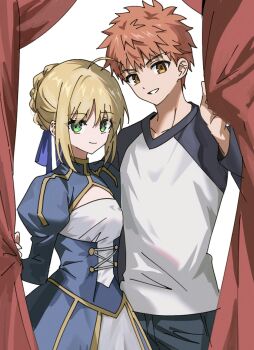Rule 34 | 1boy, 1girl, artoria pendragon (fate), blonde hair, brown eyes, commentary request, dress, emiya shirou, fate/stay night, fate (series), green eyes, highres, korean commentary, long sleeves, messy hair, red hair, saber (fate), shirt, smile, spiked hair, syst098, t-shirt