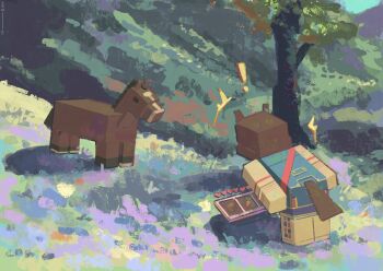 ! animal_ears cewid commentary english_commentary gameplay_mechanics grass highres horse horse_ears horse_girl horse_tail mane meisho_doto_(umamusume) minecraft surprised tail tree umamusume user_interface
