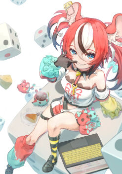 1girl absurdres animal_ear_fluff animal_ears ankle_strap aqua_bow asymmetrical_sleeves belt_buckle black_collar black_gloves black_hair blue_bow blue_eyes bow breasts buckle buttons cheese clothes_writing collar commentary_request computer computer_keyboard crop_top crossed_bangs cup detached_sleeves dice dice_hair_ornament dot_nose english_text eyelashes food fork gloves hair_ornament hair_tie hakos_baelz hakos_baelz_(1st_costume) highres hololive hololive_english jewelry key kneehighs laptop large_breasts leg_warmers leg_warmers_past_ankles loafers looking_at_viewer microskirt mouse_ears mouse_girl mouse_tail mousetrap mouth_pull mr._squeaks_(hakos_baelz) multicolored_hair multicolored_skirt pendant plate red_hair sharp_teeth shin_strap shirt shoe_strap shoes sidelocks single_glove single_leg_warmer single_sock sitting sitting_on_object skirt socks solo spiked_collar spikes strapless stuffed_animal stuffed_toy swiss_cheese tail tail_bow tail_ornament tea teacup teeth thigh_strap tokaki tube_top twintails unkempt virtual_youtuber white_background white_hair white_shirt yellow_socks