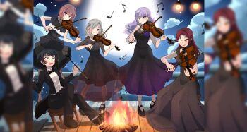 5girls :d absurdres bare_shoulders beamed_eighth_notes black_bow black_bowtie black_dress black_hair black_jacket black_pants black_shoes blue_eyes blunt_bangs blunt_ends bob_cut bow bowtie braid breasts brown_hair campfire ceras_yanagida_lilienfeld cleavage collared_shirt commentary_request conductor_baton dress dress_shirt eighth_note frilled_dress frills green_eyes green_hair grey_hair hair_ribbon half_updo highres ikizulive!_love_live!_bluebird in-franchise_crossover instrument jacket large_breasts link!_like!_love_live! long_dress love_live! love_live!_nijigasaki_high_school_idol_club love_live!_sunshine!! love_live!_superstar!! mary_janes medium_hair multiple_girls music musical_note night on_stool open_clothes open_jacket open_mouth pants pink_ribbon playing_instrument purple_eyes purple_hair quarter_note red_hair ribbon sakurauchi_riko sasaki_shion see-through_cleavage see-through_clothes see-through_dress_layer see-through_sleeves shirt shoes short_hair side_braids sitting sleeveless sleeveless_dress smile standing takasaki_yu traditional_bowtie twintails violin wavy_hair white_shirt wien_margarete yellow_eyes yunite68