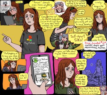 Rule 34 | 4chan, aged up, bed, black headband, blue background, cellphone, clover hair ornament, four-leaf clover hair ornament, freckles, glasses, green shirt, grey shirt, hair ornament, headband, headphones, highres, holding, holding phone, microphone, on bed, open mouth, orange background, phone, pink background, polo shirt, puzzle piece hair ornament, red hair, shirt, short sleeves, simple background, speech bubble, striped clothes, striped shirt, thought bubble, thumbs up, toasty rolls, vivian james, wikipe-tan, wikipedia, yellow background