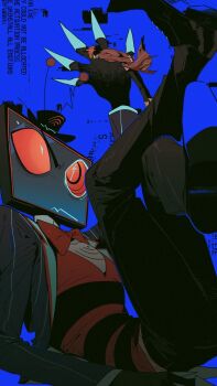 2boys alastor_(hazbin_hotel) blue_suit demon_boy formal_clothes hazbin_hotel hellaverse highres looking_at_another multiple_boys nongmin red_eyes red_hair red_suit sharp_teeth slit_pupils suit teeth vox_(hazbin_hotel)