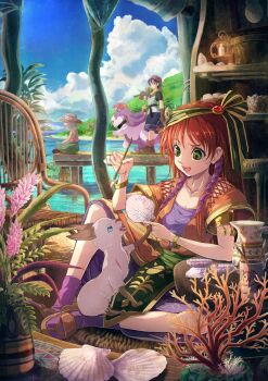 1girl 2boys absurdres armlet armor bandana beard belt black_belt black_collar blue_eyes blue_hair blue_shorts blue_sky boots breasts brown_boots brown_gloves brown_hair bucket candle cat chainmail chair chrono_cross cleavage cocked_eyebrow collar commentary_request coon_bear coral dock dog dress facial_hair fishing fishing_rod gem gloves gold_armlet gold_bangle gold_trim green_eyes green_hairband green_pants grey_hair hair_between_eyes hair_ribbon hairband hat highres holding holding_bucket holding_fishing_rod holding_paintbrush holding_seashell indoors jewelry leena_(chrono_cross) long_dress long_hair medium_breasts multiple_boys ocean old old_man open_mouth orange_tunic outdoors paintbrush pants pink_tank_top plant poshul_(chrono_cross) potted_plant purple_dress purple_ribbon purple_socks red_bandana red_gemstone ribbon sandals seashell serge_(chrono_cross) shell short_hair shorts sidelocks sitting sky smile socks sun_hat tabi tank_top tongue tongue_out tunic walking wicker_furniture