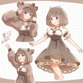 1girl acorn_print antlers bird blue_eyes blush brown_dress brown_hair clothing_cutout commentary corset dove dress franky7702 frilled_skirt frills full_body grid_background heart_cutout highres horns kano_(utaite) leaf_print multiple_views open_mouth puffy_short_sleeves puffy_sleeves reaching reaching_towards_viewer salute short_hair short_sleeves simple_background skirt smile solo untranslatable_commentary upper_body utaite white_background