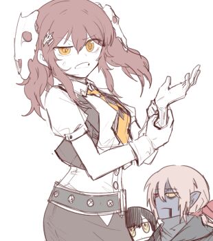 Rule 34 | 1girl, adjusting clothes, adjusting gloves, black skirt, black vest, gloves, hair between eyes, long hair, looking at viewer, madcore, necktie, open clothes, open vest, original, red hair, shirt, simple background, skirt, vest, white background, white gloves, white shirt, yellow eyes, yellow necktie