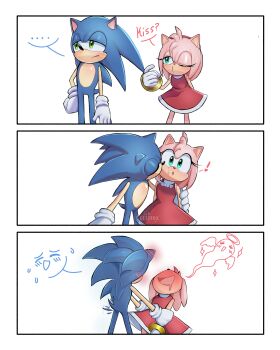 1boy 1girl 3koma absurdres amy_rose blue_fur blue_hair blush comic dress gloves green_eyes highres keliinox kiss kissing_cheek legs loli medium_hair petite pink_fur pink_hair saliva sega smile sonamy sonic_(series) sonic_the_hedgehog