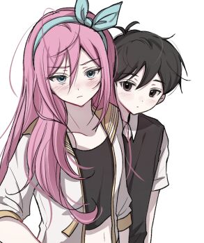 1boy 1girl antenna_hair aqua_eyes aqua_hairband arm_at_side aubrey_(faraway)_(omori) aubrey_(omori) black_eyes black_hair black_shirt black_sweater_vest blush bow_hairband closed_mouth collared_shirt crop_top cropped_shirt double-parted_bangs expressionless frown hair_behind_ear hair_between_eyes hair_over_shoulder hairband highres jacket long_hair looking_at_viewer messy_hair midriff omori open_clothes open_jacket pale_skin pink_hair sailor_collar shirt short_hair short_sleeves simple_background sunny_(omori) sweater_vest upper_body v-shaped_eyebrows very_short_hair white_background white_jacket white_shirt wktdms1 yellow_sailor_collar