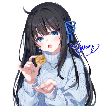 1girl :o ahoge aran_sweater artist_name black_hair blue_eyes blue_nails blue_ribbon blue_sweater blush breasts cable_knit commentary_request earrings food hair_ribbon head_tilt holding holding_food incoming_food indie_virtual_youtuber jewelry long_hair long_sleeves looking_at_viewer medium_breasts nail_polish open_mouth otosaki_rita ribbon sidelocks signature simple_background solo sweater teeth turtleneck turtleneck_sweater upper_body upper_teeth_only variant_set virtual_youtuber white_background yunagi_(arukumaruta)