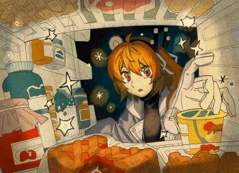 1girl a.i._voice adachi_rei ahoge black_shirt bottle chicken_(food) drink_carton flat_chest food fried_chicken gloves hair_between_eyes headlamp highres indoors instant_cup_noodles jacket long_sleeves looking_at_viewer meat milk_carton natuso7 night noodles open_mouth orange_eyes orange_hair parted_bangs pie pie_slice radio_antenna ramen refrigerator shirt solo three-quarter_sleeves utau white_gloves white_jacket