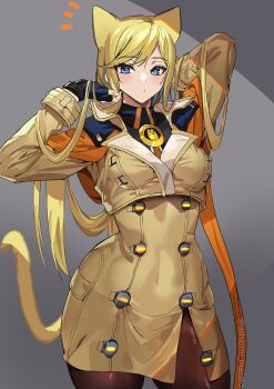 1girl animal_ears ashiomi_masato blonde_hair blue_eyes brown_pantyhose cat_day cat_ears cat_tail coat commentary_request fingerless_gloves gloves guilty_gear guilty_gear_strive highres long_hair millia_rage no_headwear pantyhose solo tail twitter_username watermark