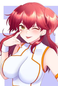 Rule 34 | 1girl, ;p, akanbe, arm strap, bare shoulders, breasts, commentary request, covered collarbone, crossed bangs, earrings, eyelid pull, freckles, gundam, gundam 00, hair between eyes, hand up, highres, impossible clothes, impossible shirt, jewelry, large breasts, long hair, looking at viewer, nena trinity, one eye closed, red hair, red nails, shirt, sidelocks, sleeveless, sleeveless shirt, smile, solo, standing, stud earrings, tongue, tongue out, two side up, upper body, white shirt, wristband, yellow eyes, yozora (yaku)