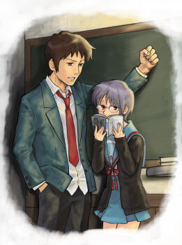 1boy 1girl absurdres black_pants blazer blue_sailor_collar blue_skirt book brown_hair chalkboard collared_shirt commentary_request glasses green_jacket hand_in_pocket highres holding holding_book jacket kita_high_school_uniform kyon long_sleeves nagato_yuki necktie nuka_(wrdn3774) open_clothes open_jacket over-rim_eyewear pants pleated_skirt purple_hair red_necktie red_ribbon ribbon sailor_collar school_uniform semi-rimless_eyewear serafuku shirt short_hair skirt standing suzumiya_haruhi_no_shoushitsu suzumiya_haruhi_no_yuuutsu untucked_shirt white_shirt winter_uniform