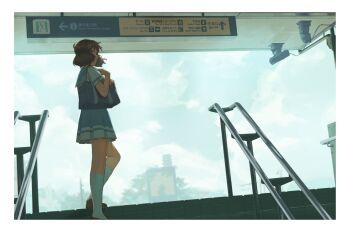 Rule 34 | 1girl, bag, blue bag, blue skirt, brown eyes, brown hair, brown shoes, closed mouth, hibike! euphonium, highres, kitauji high school uniform, kneehighs, oumae kumiko, psylduck, railing, school bag, school uniform, serafuku, shirt, shoes, short hair, shoulder bag, skirt, socks, solo, standing, train station, white shirt, white socks