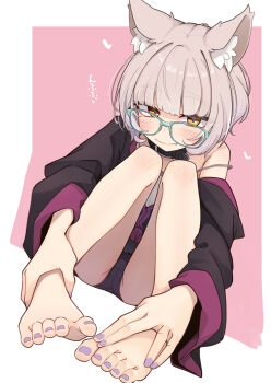 1girl animal_ear_fluff bare_legs barefoot black_panties blush border character_request copyright_request fang feet full_body grey_hair highres knees_up looking_at_viewer medium_hair nail_polish ogami_kazuki panties pink_background purple_nails sidelocks single_off_shoulder sitting smile solo strap_slip toenail_polish toenails toes underwear white_border yellow_eyes