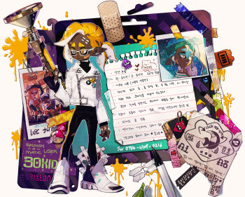 2boys 2girls bandages bandaid bandaid_on_face bandana belt blonde_hair blood blue_hair boots closed_eyes collage crack cuts dark-skinned_female dark-skinned_male dark_skin earrings english_text finger_on_trigger flyer gloves gun hat heterochromia highres injury inkling inkling_boy inkling_girl inkling_player_character jacket jewelry korean_text leggings looking_away looking_down marker multiple_boys multiple_girls nintendo note orange_hair paint paint_roller paint_splatter paper paperclip pen pigeon666 pin scar shoes sneakers solo_focus splatoon_(series) tape ticket translation_request turtleneck weapon white_eyes yellow_eyes