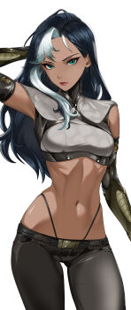 Rule 34 | 1girl, absurdres, black hair, blue eyes, breasts, crop top, dark-skinned female, dark skin, elbow gloves, gloves, highleg, highleg panties, highres, indy k, looking at viewer, medium breasts, multicolored hair, navel, original, panties, pants, solo, streaked hair, tight clothes, tight pants, underwear, white background, white hair