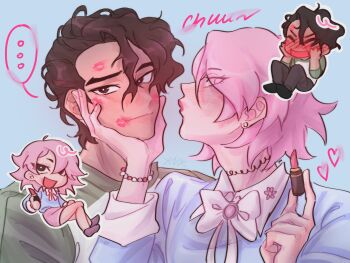 ... 1boy 1girl applying_makeup blue_background blue_shirt blush bow bowtie bracelet brown_eyes brown_hair chibi collared_shirt commentary cosmetics dark-skinned_male dark_skin dr._stone dsengenk earrings green_shirt hair_between_eyes hand_on_another's_chin hand_on_another's_face heart hetero highres holding holding_lipstick_tube jewelry lipstick lipstick_mark lipstick_tube long_sleeves looking_at_another luna_wright makeup male_focus multiple_boys nanami_sai neck_tattoo pink_hair pink_skirt shirt short_hair simple_background skirt smile spoken_ellipsis symbol-only_commentary tattoo white_bow white_bowtie yaoi