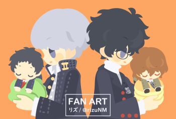 4boys adachi_tooru akechi_gorou amamiya_ren black_hair brown_hair brown_jacket buttoned_cuffs buttons cabbage closed_eyes food from_side glasses grey_eyes holding holding_food houndstooth jacket layered_sleeves long_sleeves male_focus multiple_boys narukami_yu necktie open_clothes open_jacket open_mouth orange_background pancake pancake_stack persona persona_4 persona_5 popped_collar red_button red_necktie rizu_(rizunm) round_eyewear school_uniform shirt shuujin_academy_school_uniform striped_clothes striped_necktie turtleneck u_u upper_body white_hair white_shirt yasogami_school_uniform