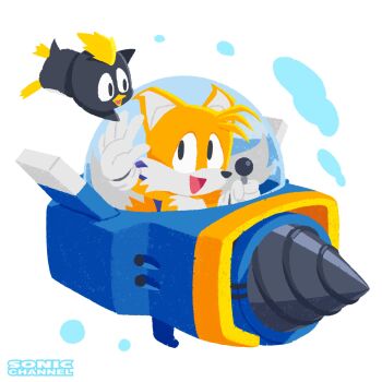 bird black_feathers black_fur blonde_hair bubble feathers fox gloves highres official_art pecky penguin sega smile sonic_(series) sonic_channel submarine tails_(sonic) tails_adventure underwater water watercraft yellow_fur