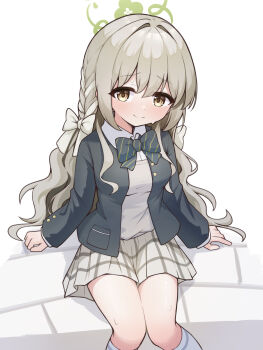 1girl absurdres blazer blue_archive blush bow bowtie braid breasts closed_mouth collared_shirt commentary_request dress_shirt feet_out_of_frame fugakutkt green_bow green_bowtie green_halo green_jacket grey_hair grey_skirt hair_between_eyes hair_bow hair_intakes hair_ribbon halo heart highres jacket long_hair long_sleeves looking_at_viewer medium_breasts miyo_(blue_archive) plaid_clothes plaid_skirt pleated_skirt ribbon ribbon_braid school_uniform shirt simple_background skirt smile solo sweat very_long_hair wavy_hair white_background white_bow white_ribbon white_shirt yellow_eyes
