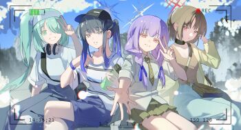 4girls alternate_costume arius_squad_(blue_archive) atsuko_(blue_archive) bag baseball_cap battery_indicator black_hair blue_archive blue_eyes blue_hair blue_shorts blue_skirt blue_sky braid brown_hair choker day green_eyes green_hair grin hair_over_one_eye halo hat headphones headphones_around_neck highres hiyori_(blue_archive) holding jacket katachi_noboru_nishikino long_hair long_sleeves looking_at_viewer low_twin_braids misaki_(blue_archive) multicolored_hair multiple_girls necktie outdoors ponytail purple_hair recording red_eyes red_halo saori_(blue_archive) shirt short_hair short_sleeves shorts side_ponytail sitting skirt sky smile twin_braids v viewfinder white_shirt yellow_jacket yellow_shirt