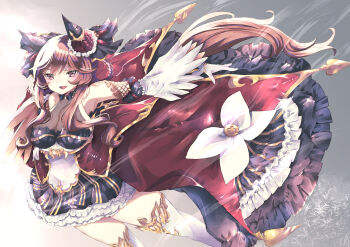 1girl absurdres animal_ears bare_shoulders blush braid braided_hair_rings breasts brown_hair cape cleavage corset detached_sleeves doriko666 ear_covers ear_ornament gentildonna_(regina_dei_fiori)_(umamusume) gentildonna_(umamusume) gloves gold_embroidery hair_between_eyes hair_ornament hair_rings heart-shaped_ornament heart_ear_ornament highres horse_ears horse_girl horse_tail large_breasts long_hair open_mouth red_cape red_corset red_eyes see-through_cleavage see-through_clothes smile solo tail thighhighs umamusume waist_cape white_gloves white_thighhighs