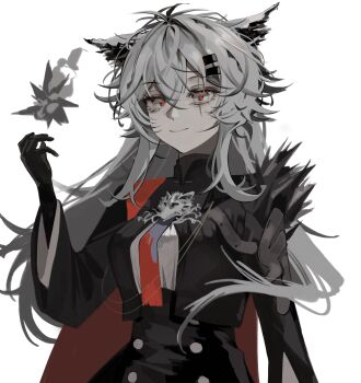 Rule 34 | 1girl, absurdres, aiguillette, animal ears, arknights, black gloves, black jacket, bolo tie, brown cape, cape, chinese commentary, closed mouth, commentary request, crossed bangs, gloves, grey eyes, grey hair, hair between eyes, hair ornament, hairclip, hand up, highres, jacket, lappland (arknights), lappland the decadenza (arknights), light smile, long hair, looking at viewer, magic, orange pupils, scar, scar across eye, scar on face, solo, upper body, wolf ears, wolf girl, zhishengji qishi