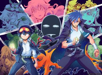 00s antispiral antispiral_nia belt blue_hair boota_(ttgl) core_drill dayakka gakuran goggles goggles_on_head jacket jacket_on_shoulders kamina_(ttgl) kinon_bachika kittan_bachika kiyal_bachika kiyoh_bachika leeron_littner lordgenome nia_teppelin nonosaki official_art rossiu_adai school_uniform simon_(ttgl) tengen_toppa_gurren_lagann viral_(ttgl) yoko_littner