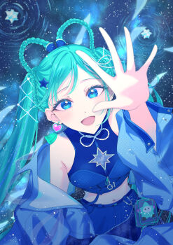 1girl absurdres aqua_hair arm_up armpit_crease awanoo blue_eyes blue_jacket blue_skirt blush braid braided_hair_rings breasts commentary_request crop_top earrings hair_ornament hair_rings hatsune_miku heart heart_earrings highres jacket jewelry long_hair long_sleeves looking_at_viewer magical_mirai_(vocaloid) magical_mirai_miku magical_mirai_miku_(2025) medium_breasts navel official_alternate_costume official_alternate_hairstyle open_clothes open_jacket open_mouth shirt single_earring skirt sky sleeveless sleeveless_shirt small_stellated_dodecahedron smile solo star_(sky) star_(symbol) star_hair_ornament starry_sky stomach twintails very_long_hair vocaloid
