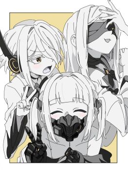 3girls arm_on_own_head black_choker blue_archive choker closed_eyes colored_skin commentary_request covered_eyes ein_(blue_archive) headphones highres long_hair mask mechanical_arms minami_linli mouth_mask multiple_girls ohr_(blue_archive) one_eye_covered open_mouth siblings sof_(blue_archive) triplets twintails upper_body v white_skin x_(symbol)