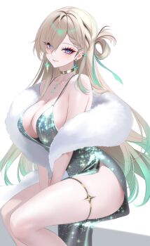 1girl 707arisu absurdres alternate_costume bare_shoulders blonde_hair braid braided_bangs breasts closed_mouth collarbone commentary dress earrings evening_gown eyes_visible_through_hair feather_boa feet_out_of_frame gradient_hair green_dress green_hair hair_over_one_eye highres jewelry large_breasts long_hair looking_at_viewer lynae_(wuthering_waves) multicolored_hair necklace purple_eyes simple_background sitting smile solo star_(symbol) star_earrings thighs white_background wuthering_waves