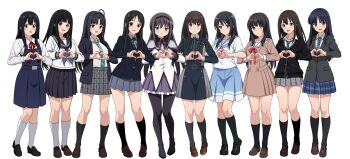 Rule 34 | 6+girls, ahoge, akemi homura, akemi homura (magical girl), akiyama mio, aqua eyes, awa subaru, bang dream!, black hair, black leggings, black socks, blazer, blue eyes, blue skirt, breasts, brown hair, brown shoes, chitanda eru, closed mouth, color connection, dress, embarrassed, full body, girls band cry, hair color connection, hairband, heart, heart hands, hibike! euphonium, highres, hyouka, idolmaster, idolmaster cinderella girls, inoue takina, jacket, k-on!, kitashirakawa tamako, kitauji high school uniform, kousaka reina, leggings, long hair, looking at viewer, lycoris recoil, lycoris uniform, mahou shoujo madoka magica, medium breasts, miniskirt, multiple girls, neck ribbon, neckerchief, necktie, open mouth, paid reward available, pinafore dress, pink neckerchief, plaid clothes, plaid skirt, pleated skirt, purple eyes, ribbon, sailor collar, sakuragaoka high school uniform, school uniform, serafuku, shibuya rin, shirokane rinko, shirt, shirt tucked in, shoes, skirt, sleeveless, sleeveless dress, smile, socks, standing, straight hair, striped necktie, tamako market, thighs, touma kazusa, trait connection, transparent background, very long hair, vodka13, white album (series), white album 2, white shirt